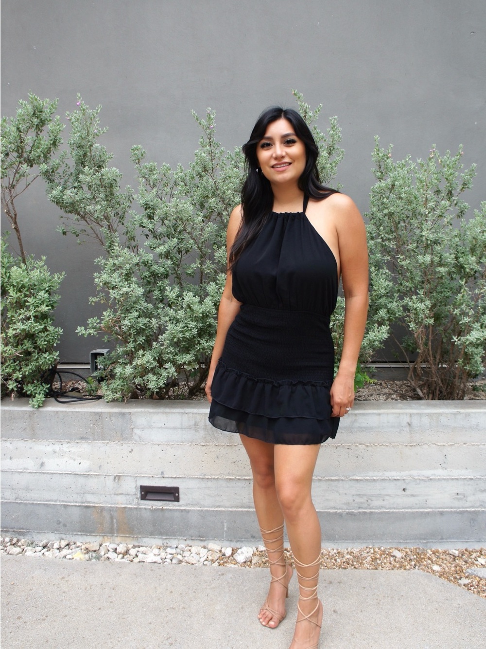 Black Halter Mini Dress with Smocked Waist - Picture 1 of 5